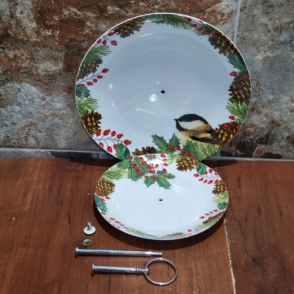 Vintage Two Tier Mary Lake Thompson Porcelain Holly & Pine Cake Stand Christmas - Picture 10 of 11